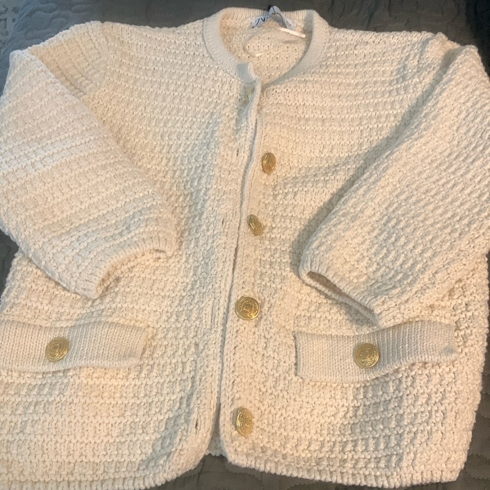 Zara Cream Knit Blazer with Gold Buttons